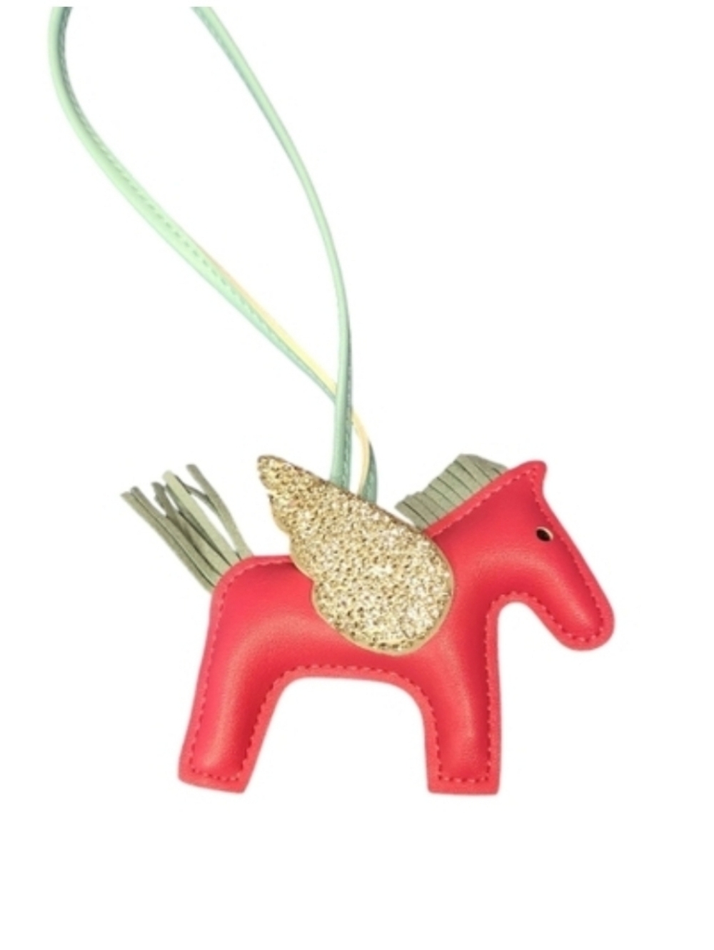 Pink Faux Leather Pegasus Bag Charm With Silver Glitter Wing